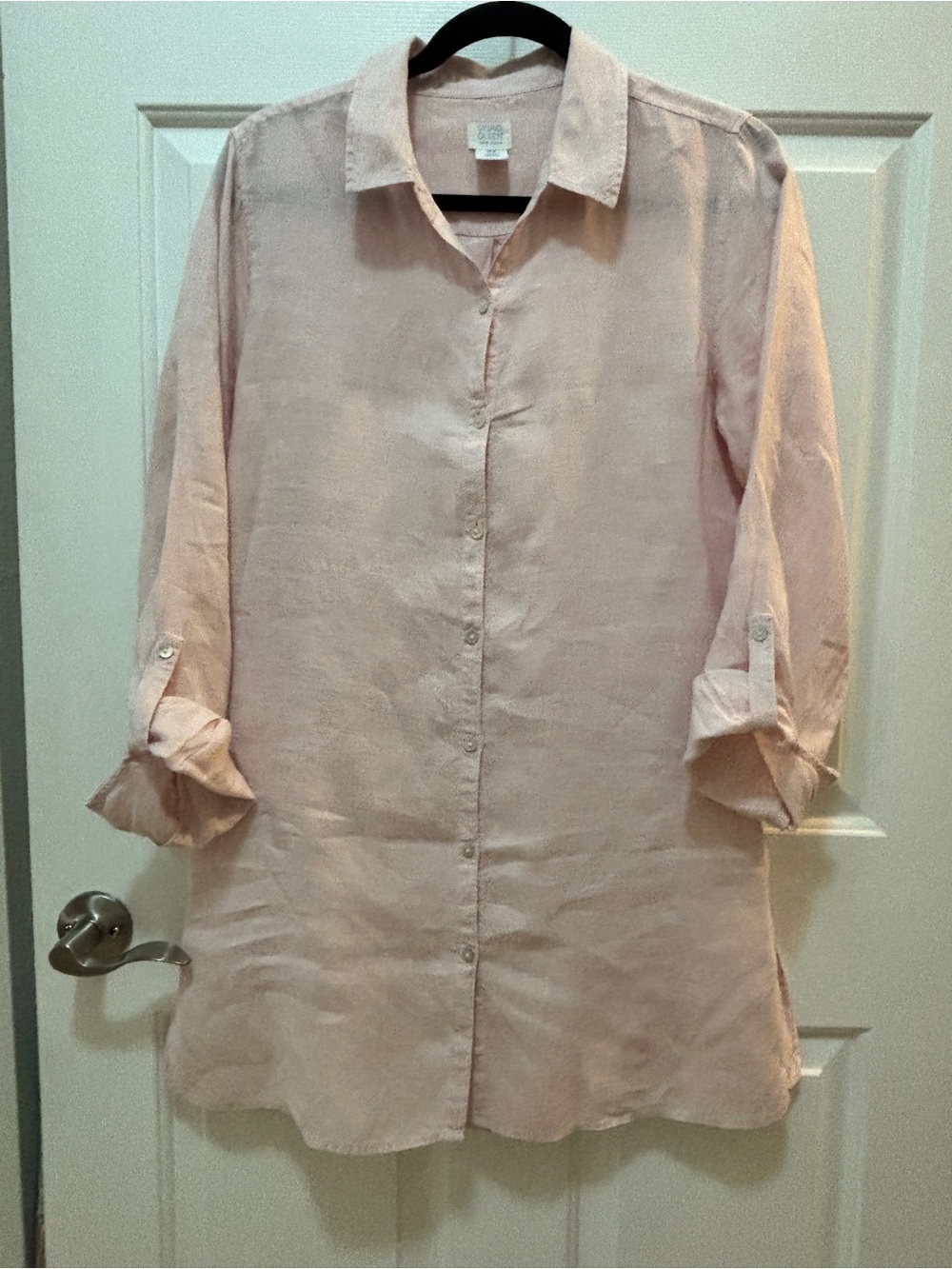 Sigrid Olsen Linen Button-Up Dress in Light Pink M side slits.